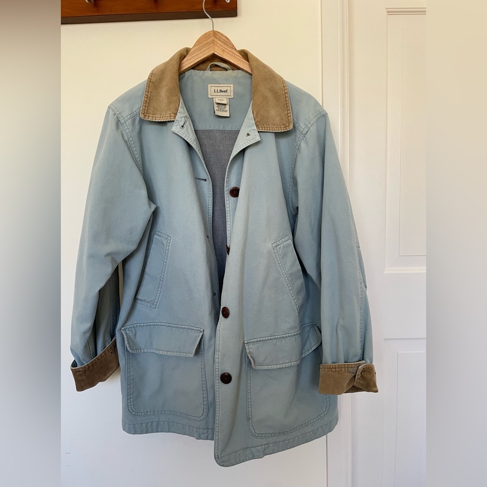 Vintage L.L. Bean Barn Chore Jacket Women Size L Light Blue Cordroy Trim Lined